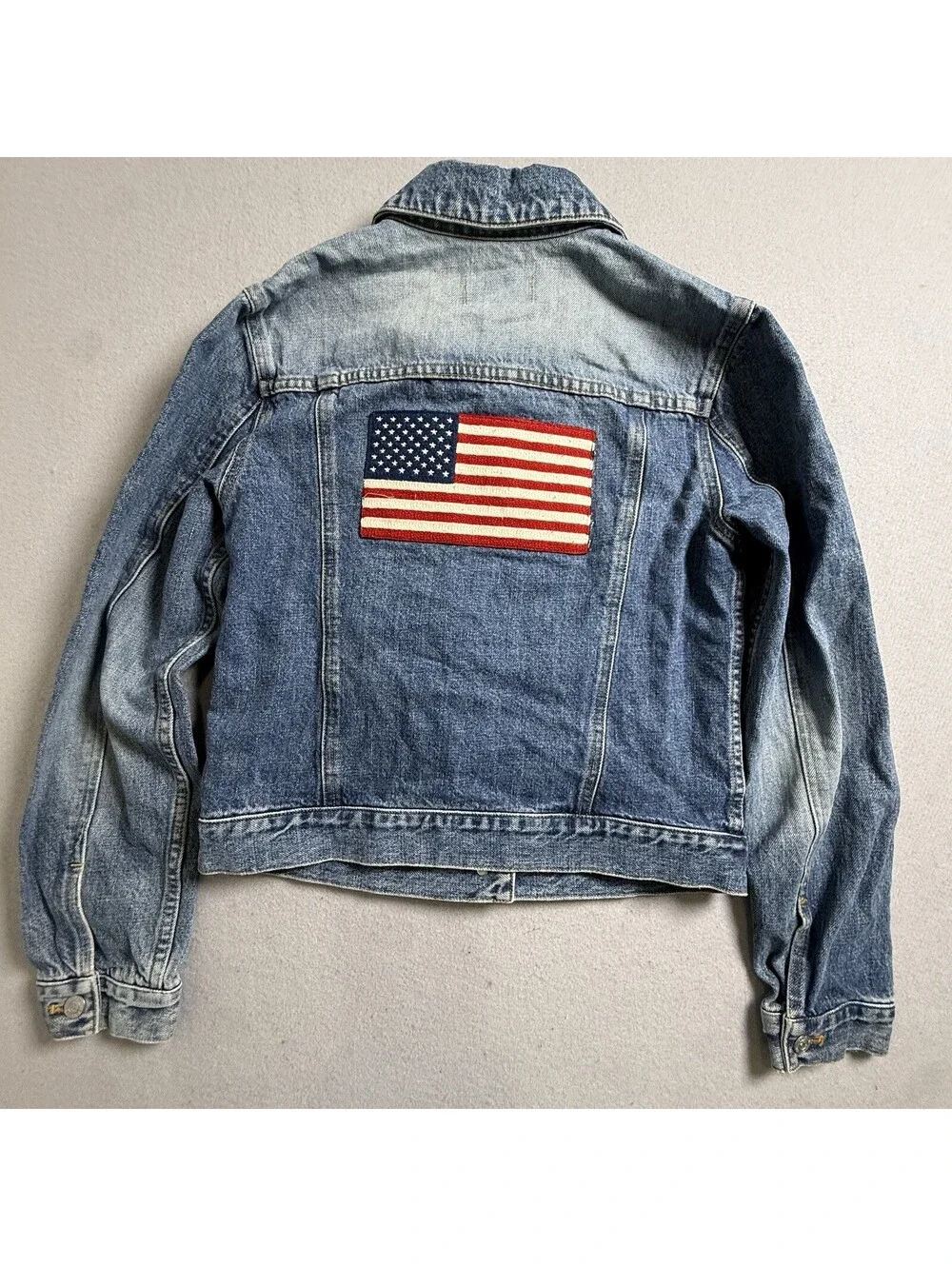 Polo Ralph Lauren Denim Jacket Flag Jeans Co. M Distressed USA American Patch